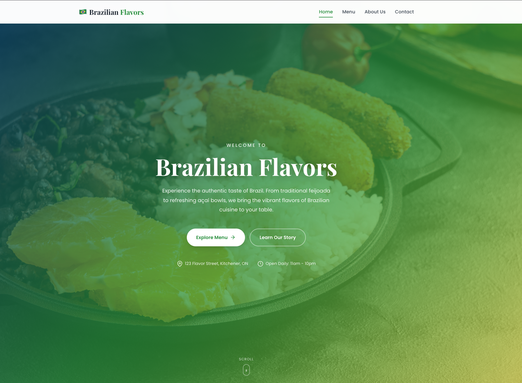 Screenshot of Brazilian Flavors website showing food items