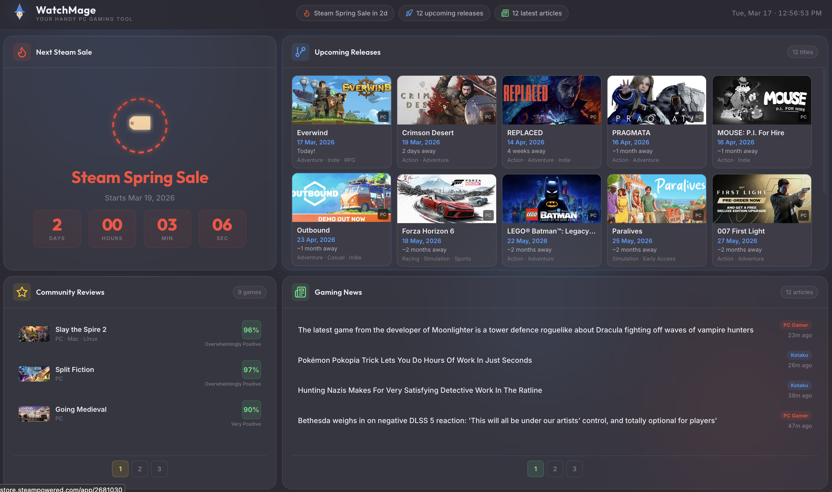 Screenshot of WatchMage gaming tracking dashboard